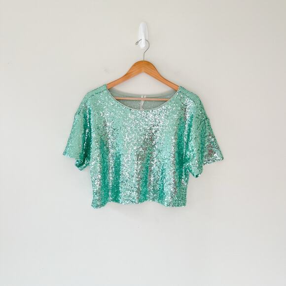 By Anthropologie Sequin Glitter Short Sleeve Cropped Turquoise Top, Size Small - Picture 4 of 12